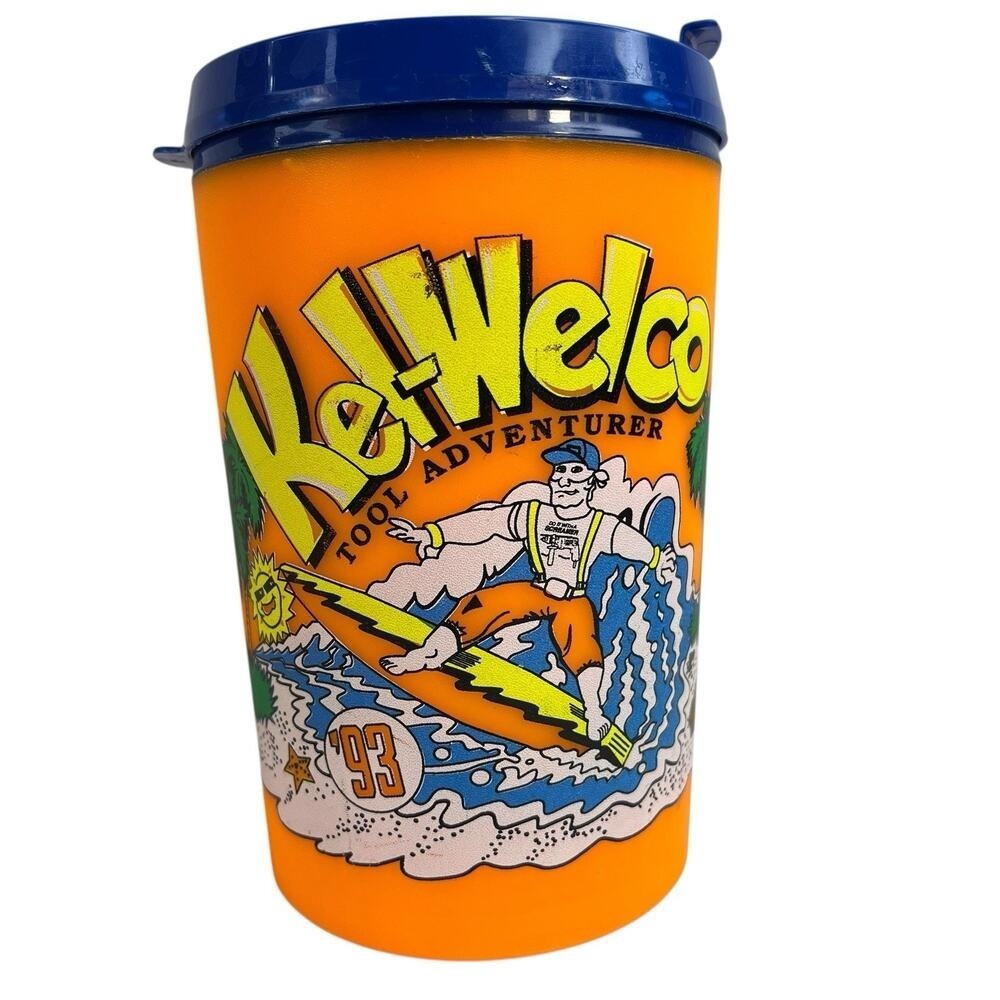 Vtg Aladdin Kel-Welco Big 1993 Mug Tool Adventurer Dude Guy Surfing Orange W Lid